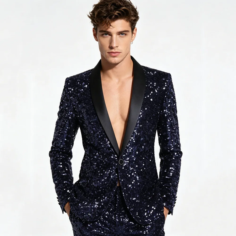 

Мужской пиджак-блейзер темно-синего цвета с пайетками, блестящий, для сцены, концертов, выступлений, смокинг, костюм для певца, ведущего, сценический наряд