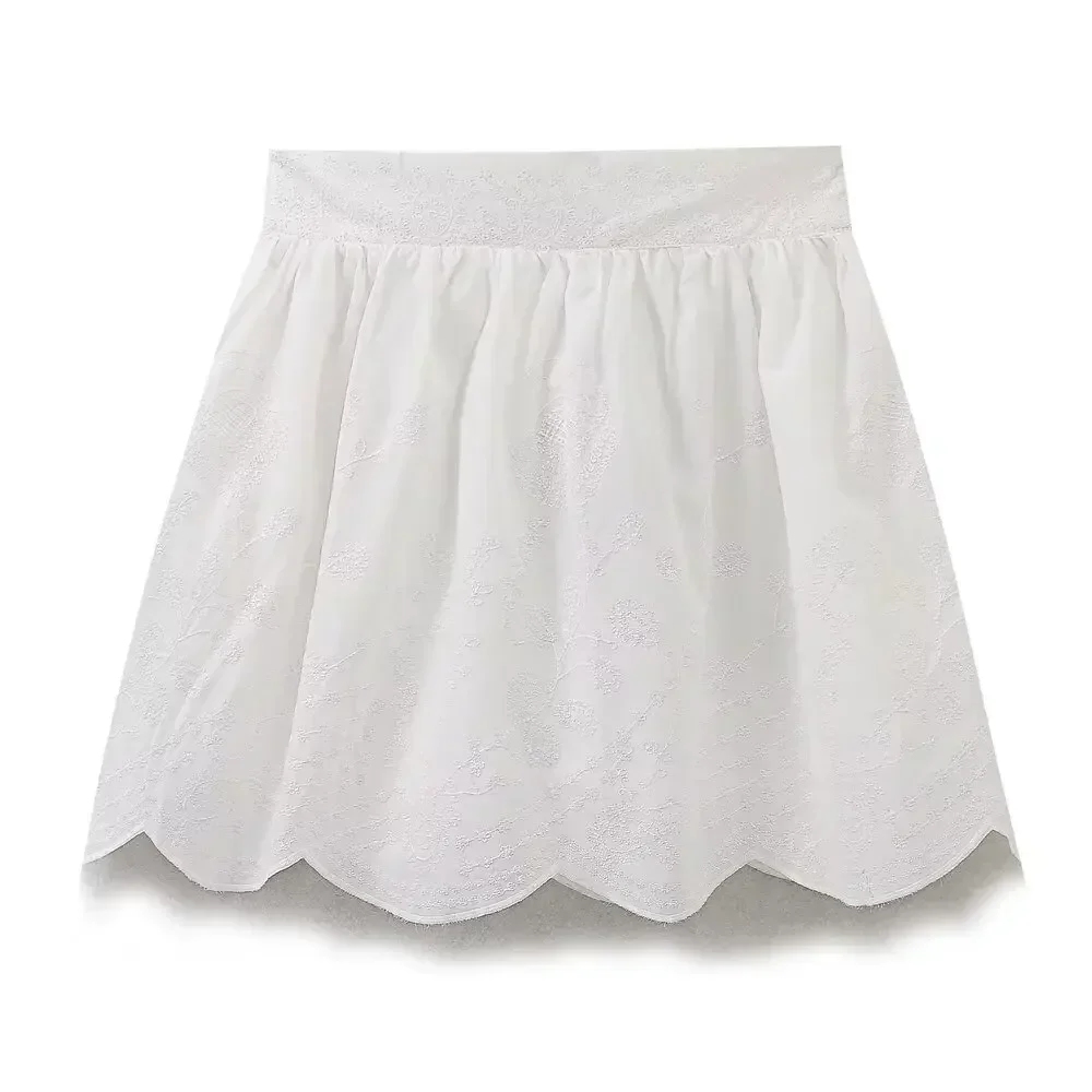 

Women's 2024 New Fashion Embroidery Decoration Casual Wide pleated Mini Skirt Retro High Waist Side Zipper Female Skirts