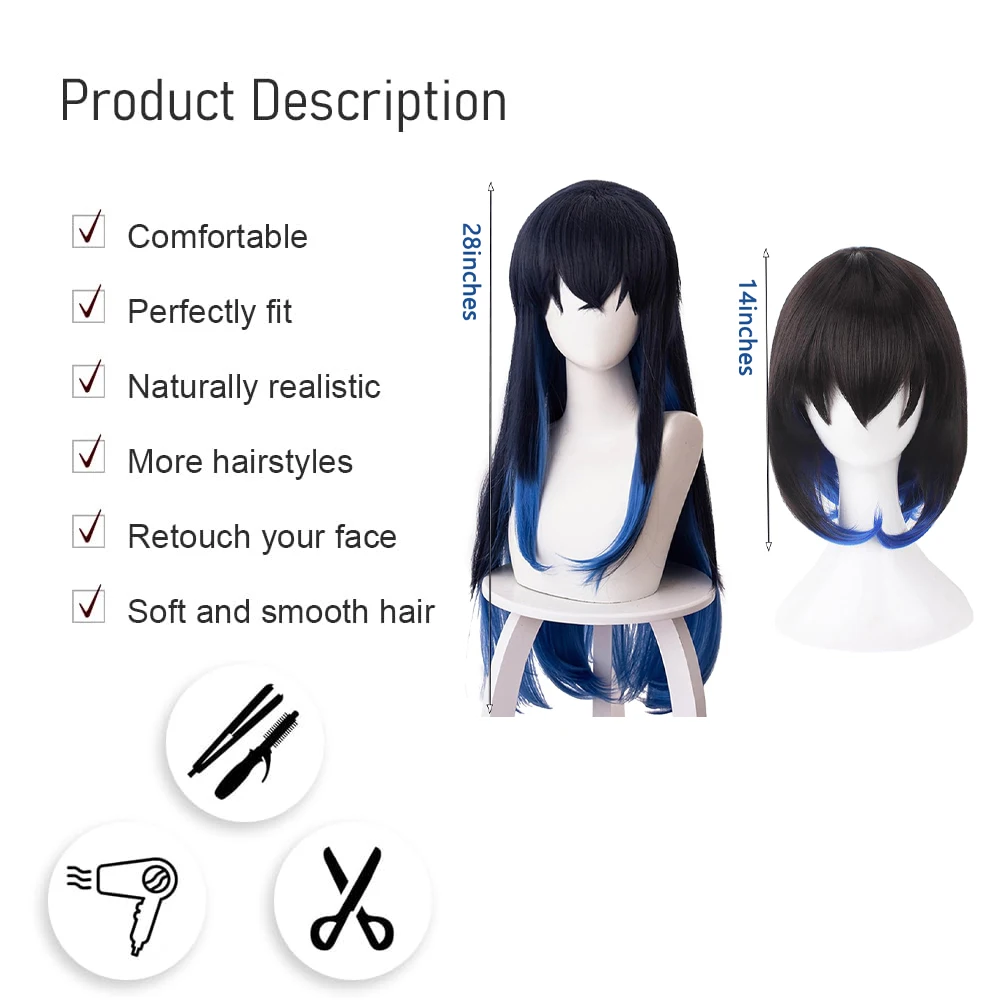 Anime Hashibira Inosuke‌ Cosplay Synthetic Hair Black And Blue Gradient Halloween Daily Party Simulation Scalp Wig Nature