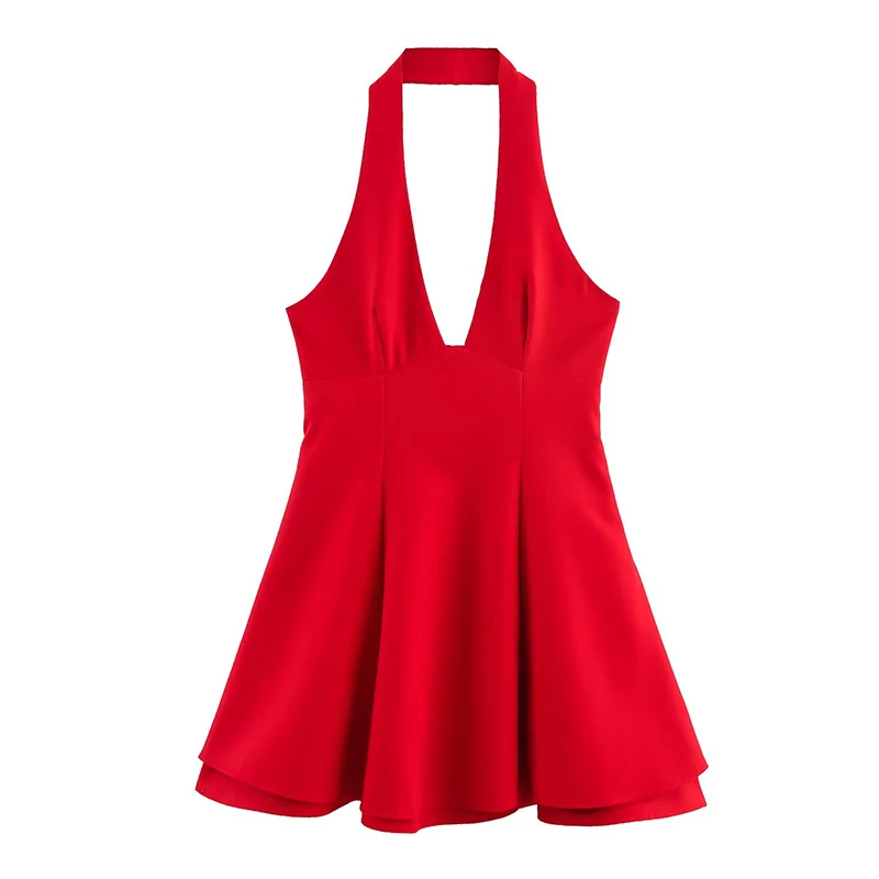 Yenkye sexy sem costas halter mini vestidos de duas camadas para mulheres vermelho marrom preto elegante a linha mini vestido de festa vestidos de natal