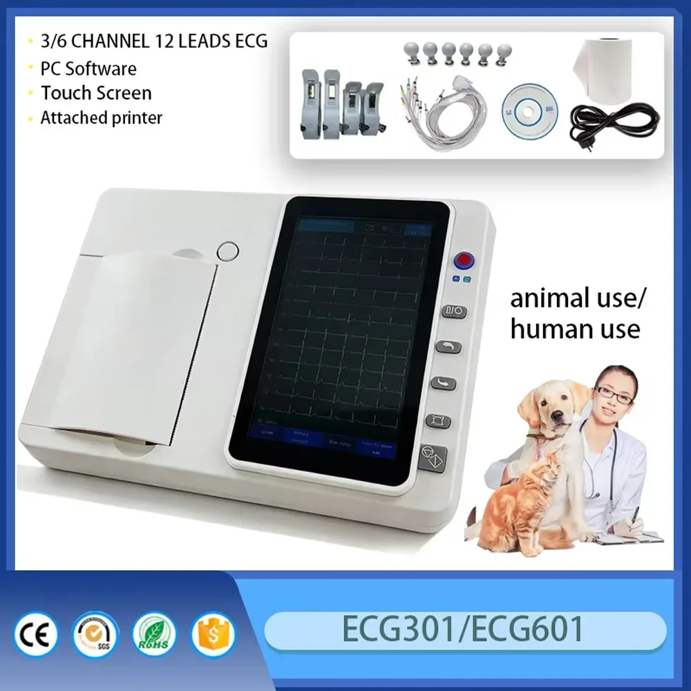 Portable Electrocardiograph, 7 Inch Touch Screen, 3/6 Channel 12 Lead ECG with Optional Software