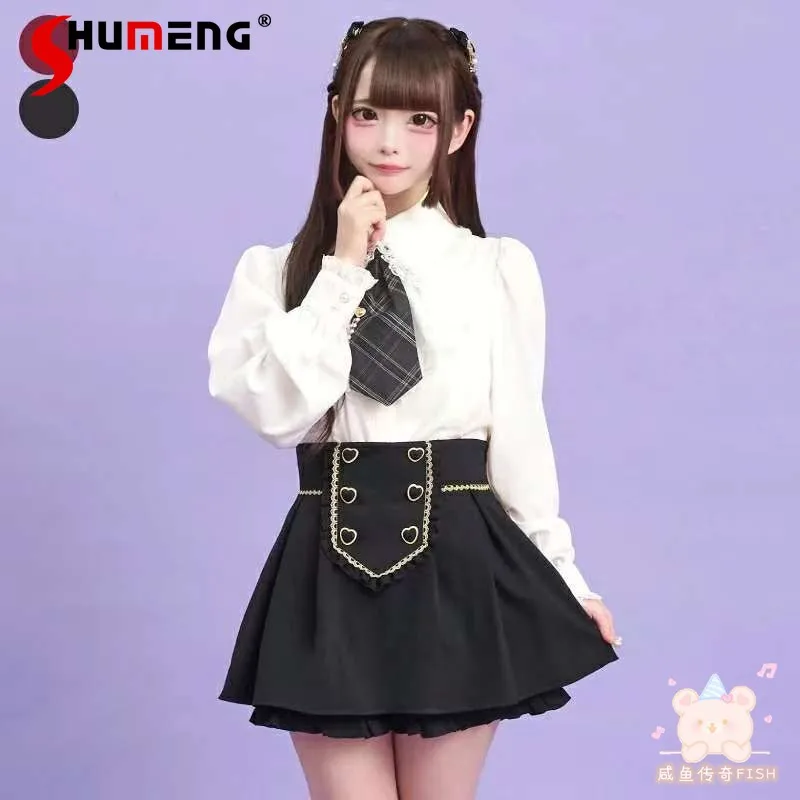 

Japanese Retro Preppy Style Cosplay JK Skirts High Waist Heart Buckle Lace-up Bow A-line Sweet Cute Lolita Short Skirt for Women