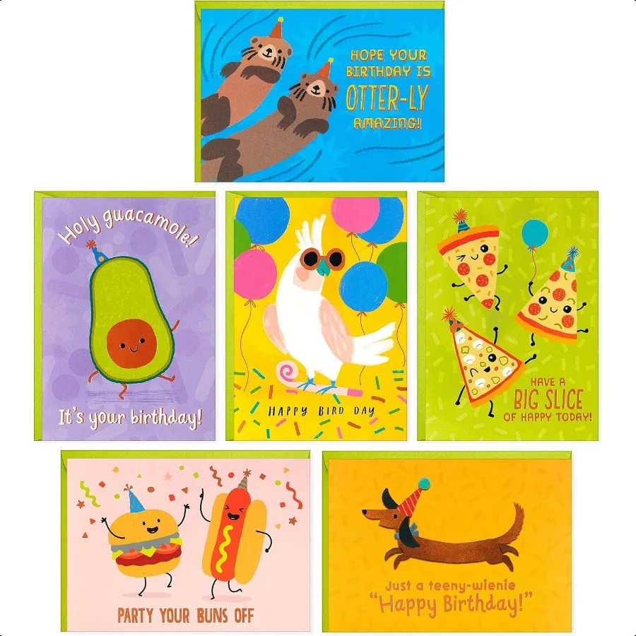 

Funny Birthday Card Assortment 24 Blank Cards with Envelopes Food Puns Dog Bird Otters