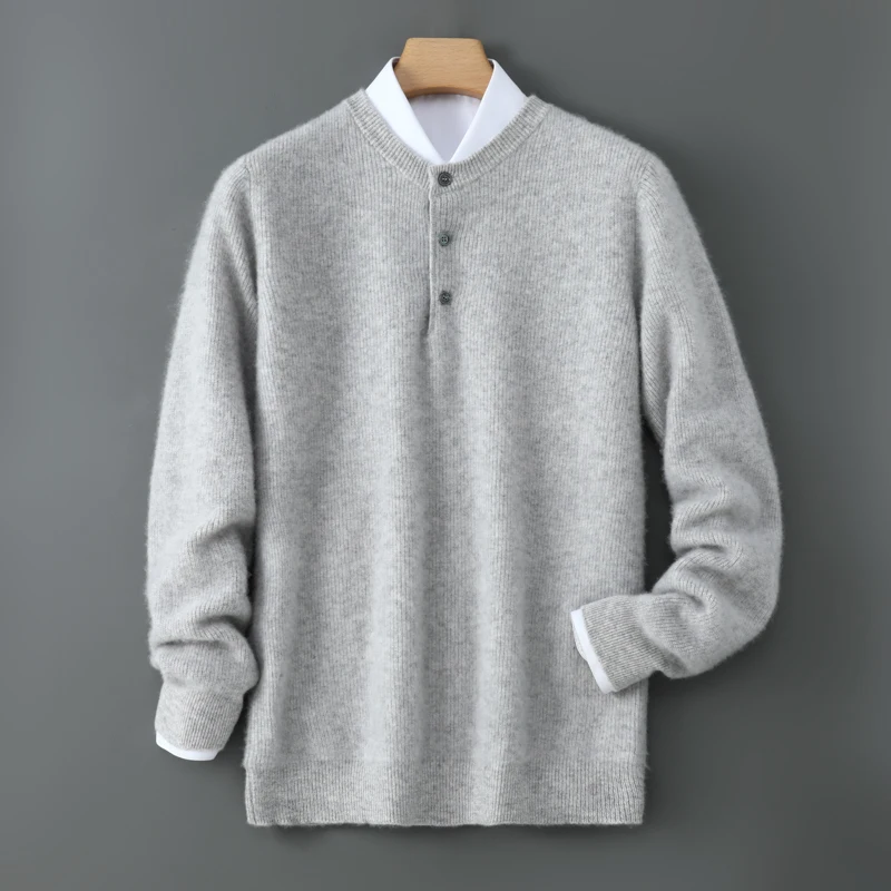 

Свитер с тремя пуговицами, мужской 100% мериносовая шерсть, умный повседневный пуловер, осень-зима, мягкий модный топ с круглым вырезом, однотонный вязаный свитер