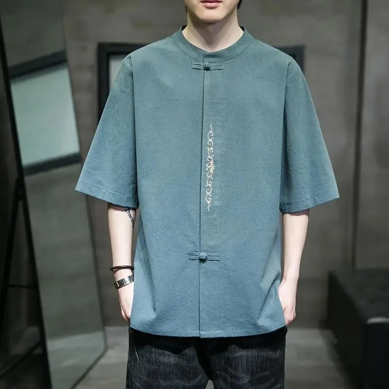 Men Teal Chinese Style Frog Button Short Sleeve Shirt Embroidery Loose Casual Linen Blend Top