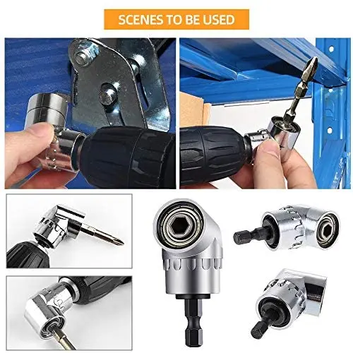 Hex Shank 2pcs Bendable Drill Bit Extension, 3pcs 1/4 3/8 1/2" Universal Socket Adapter,105 Right Angle Drill Extension set