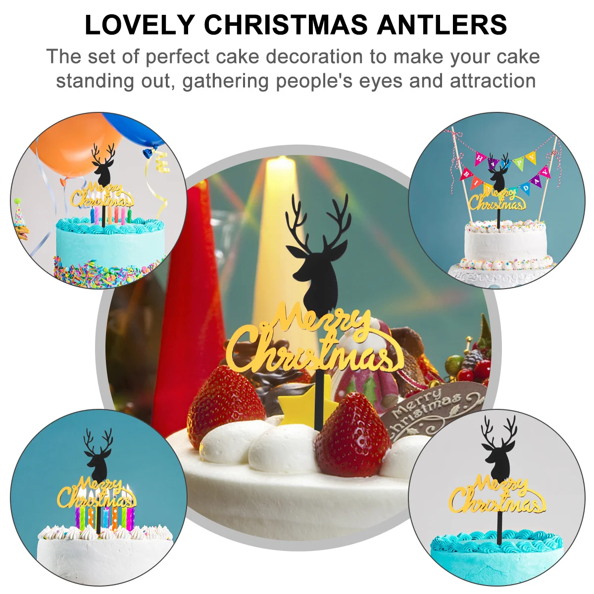 

5pcs Acrylic Deer Horn Cake Toppers Christmas Dessert Inserts For Cake Cupcake Decoration Baking Supplies Party Decor
