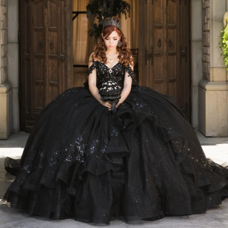

Black Shiny Quinceanera Dresses Off The Shoulder Applique Lace Beading Crystal Bow Tull Party Birthday Sweet 16 Dress Vestidos