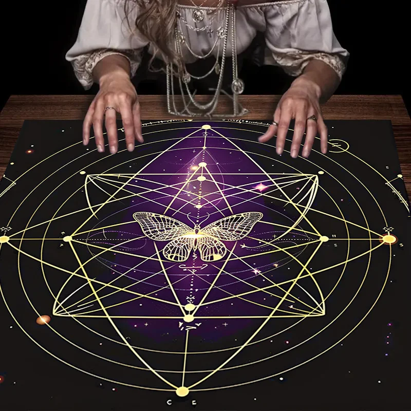 Mystic Butterfly Tarot Tablecloth - Purple & Gold Celestial Design for Meditation, Astronomy Parties, Bohemian Decor