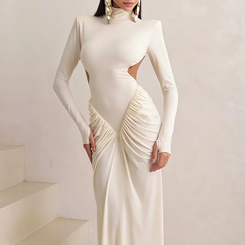 Abiti Mujer Abito lungo aderente da donna increspato Dolcevita elegante Abito da ballo vuoto senza schienale Abito sexy solido a maniche lunghe autunnale