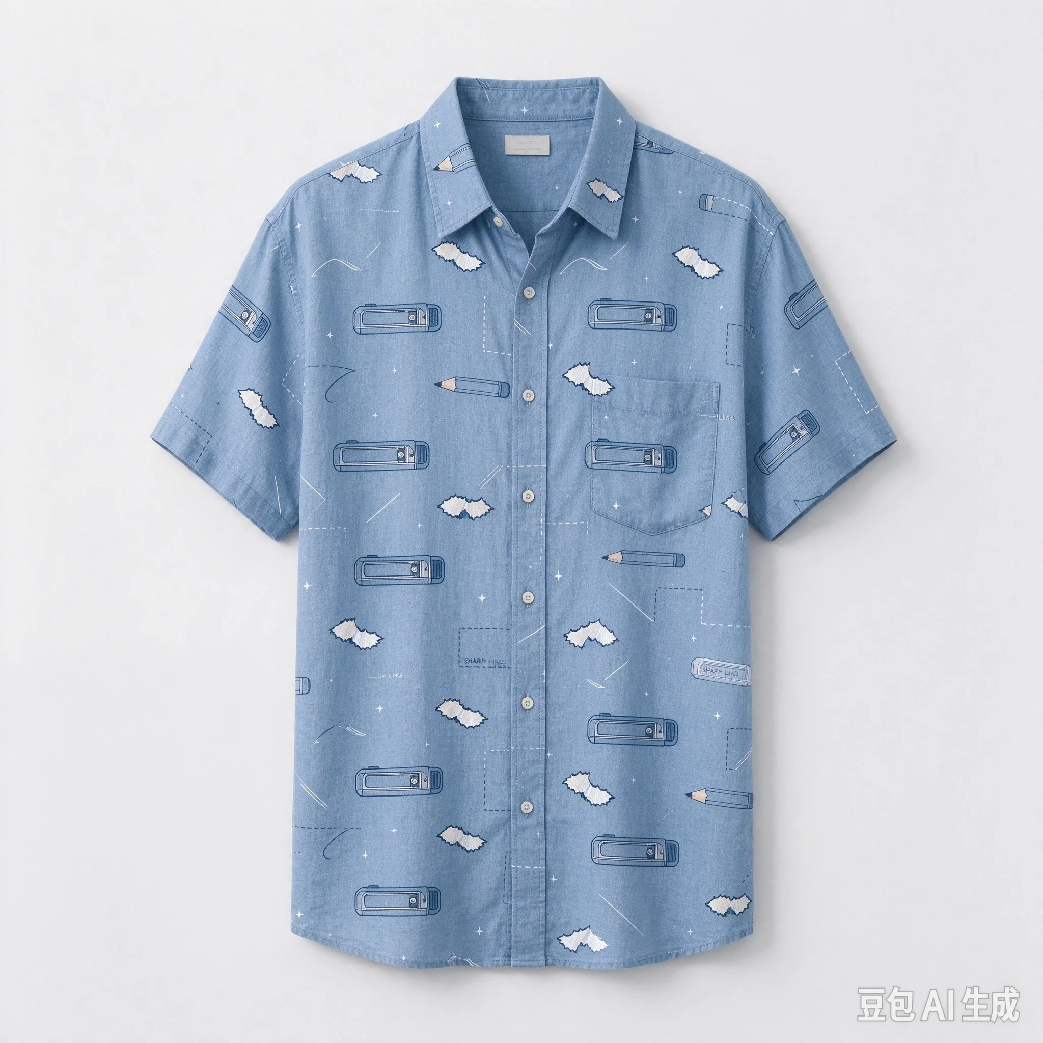 Men Women Unisex Allover Pencil Sharpener Print Short Sleeve Shirt, Casual Button Down Tops, Loose Fit Cotton Linen Creative
