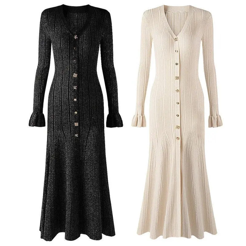 

High Quality Women's Fashion Knitted V-Neck Slim Fit Long Sleeve Dress Spring Autumn New Style Lady's Gown Elegant Slimming