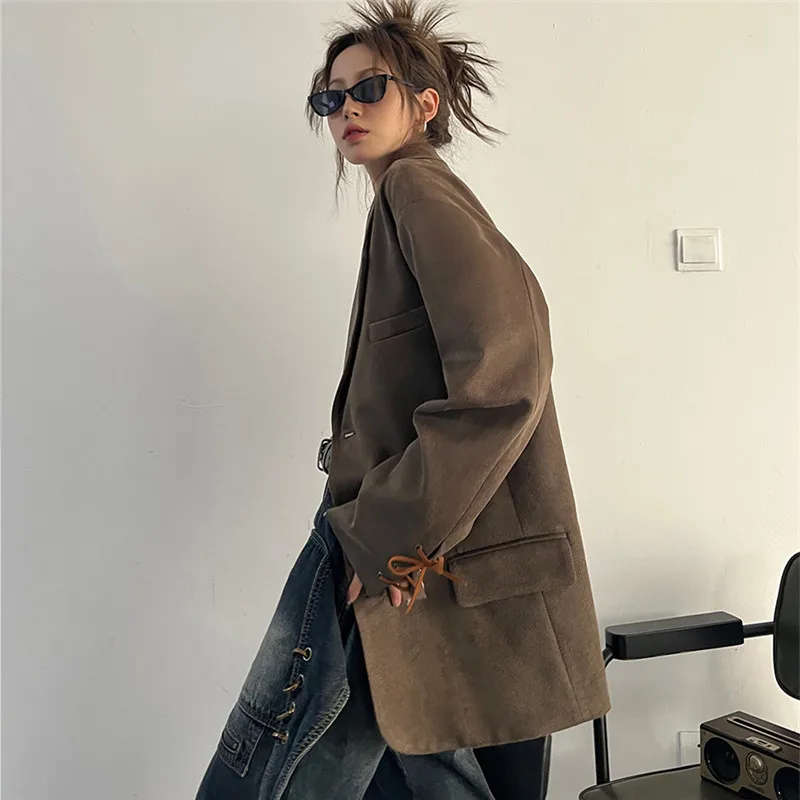 Coffee Color Faux Suede Jacket Casual Loose Spring Women Notched Collar Double-breasted Long Sleeve Female Blazers Streetwear