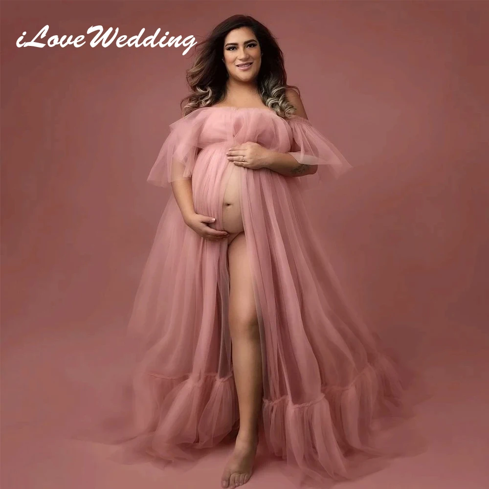 

Pink See Through Tulle Maternity Dresses for Photography Sheer Pregnant Woman Dress Photo Shoot Robes Sleepwear Robe