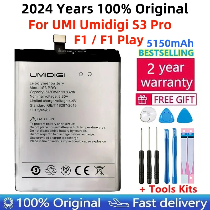 

2024 Years 100% Original For UMI Umidigi F1 F1 Play S3 Pro Original Battery 5150mAh Hight Capacity 3.85V Replacement + Tools