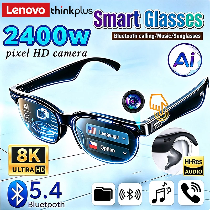 Lenovo ThinkPlus AI Smart Glasses 8K 2400W HD Camera Wireless Bluetooth Eyewear Touch Control Music Playback Call Voice Assistan