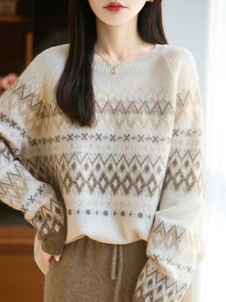 100% pure wool sweater, women's round neck, thickened diamond shaped color blocked knitted sweater, loose jacquard cashmere swea