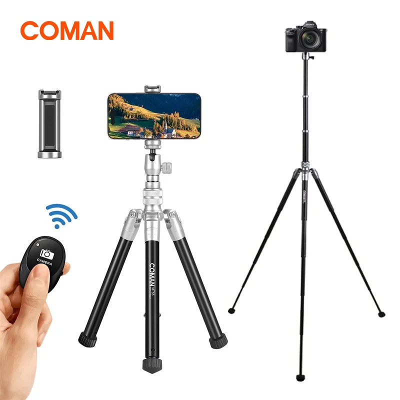 COMAN MT-55 Selfie Stick Vlog Tripod For iPhone Samsung Phone With phone Clamp Extend Stand Tripods For Live Streaming Vlog