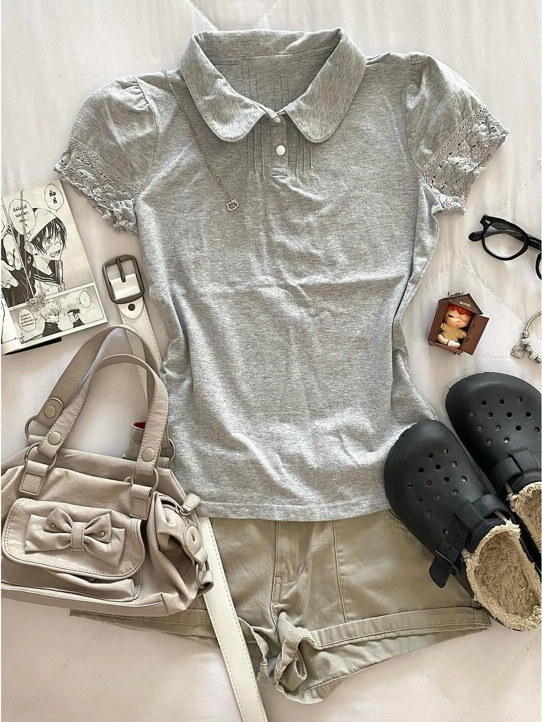 BaoYao فتاة الأصلي الرجعية ey irt ort Sve تي شيرت المرأة الصيف الدانتيل الربط تصميم فريد من نوعه الكورية Sle القطن