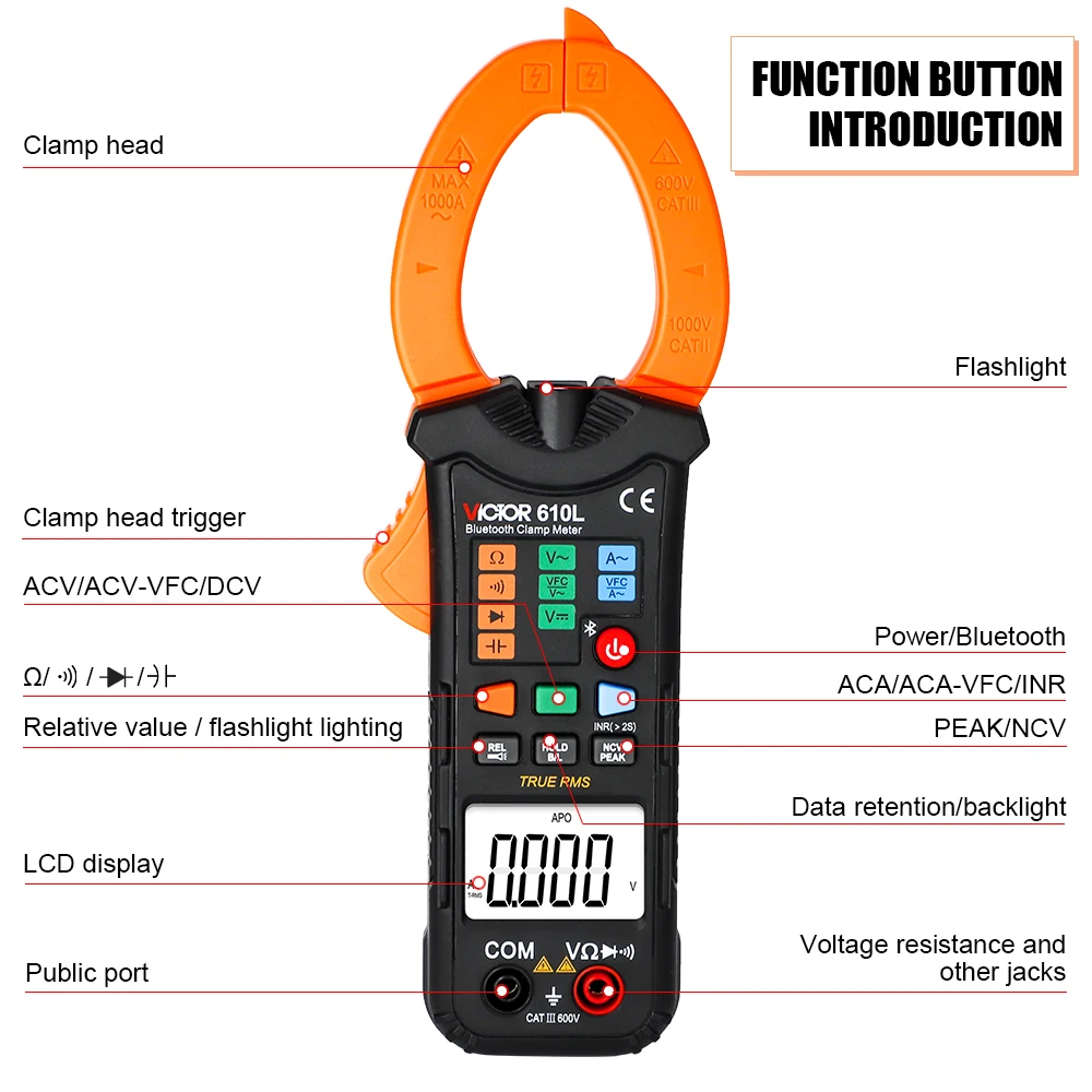 Victor 610L Bluetooth Intelligent Digital Clamp Meter 1000A AC Current Range 40MM Jaw Size 9999 Display Smart VFC NCV Tester