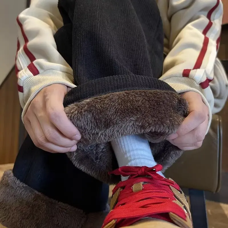 

Мужские повседневные брюки на подкладке Fce, свободные широкие брюки, осень-зима, теплые полиэфирные волокна, застежка-молния на талии