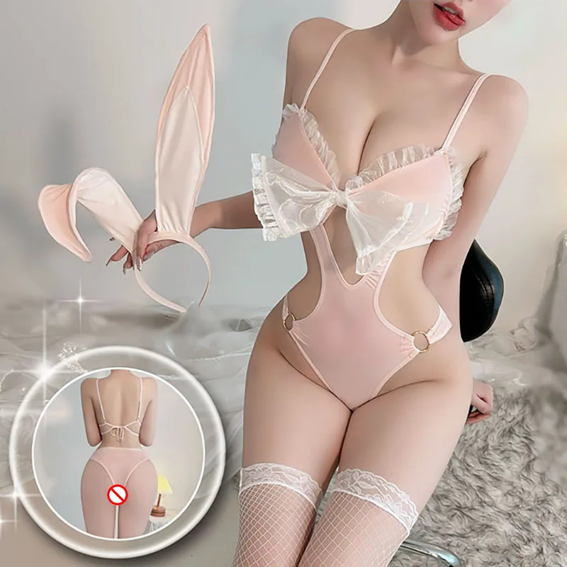 

Sexy Bunny Girl Uniform Role Play Costumes Women Cute Rabbit Bow Bodysuit Temptation Lingerie Outfits Clothes Pink Bunny Costume