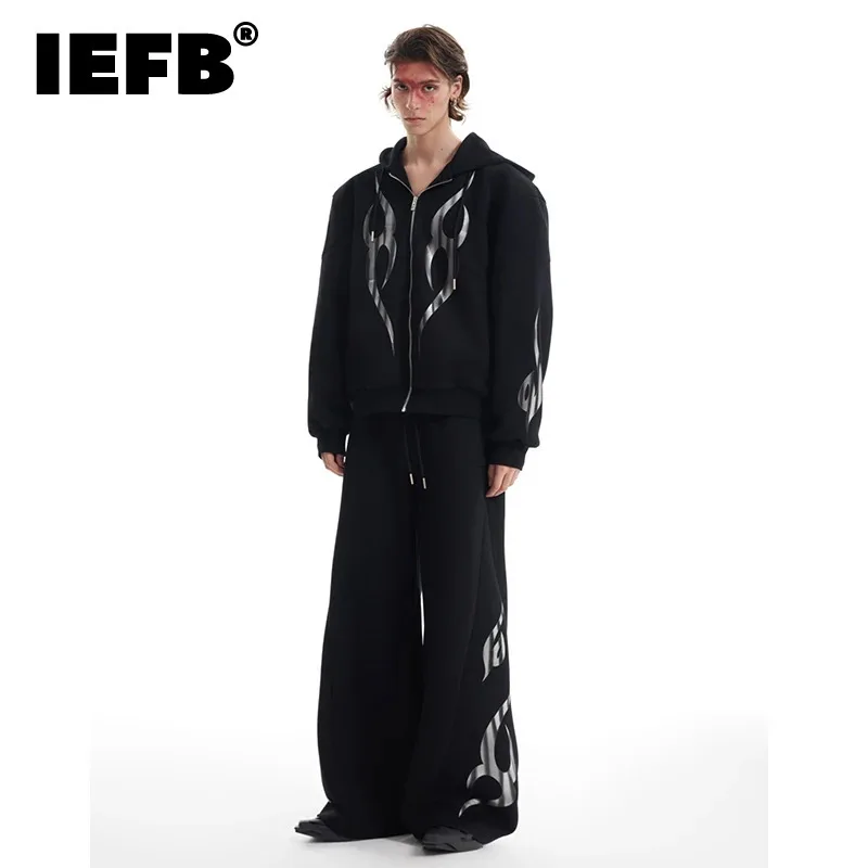 IEFB Niche Men's Two-piece Metal Flame Printing Hooded Sweatshirt Loose 2024 Straight Leg Male Pants Streetwear Fashion 24E2502