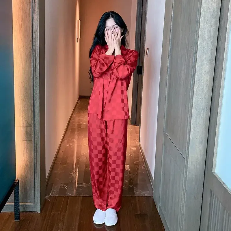 2024 New Spring Autumn Ice Silk Pajamas Women's Thin Long-sleeved Couples' Loungewear Men's Loose Large-size Sleepwear Suits