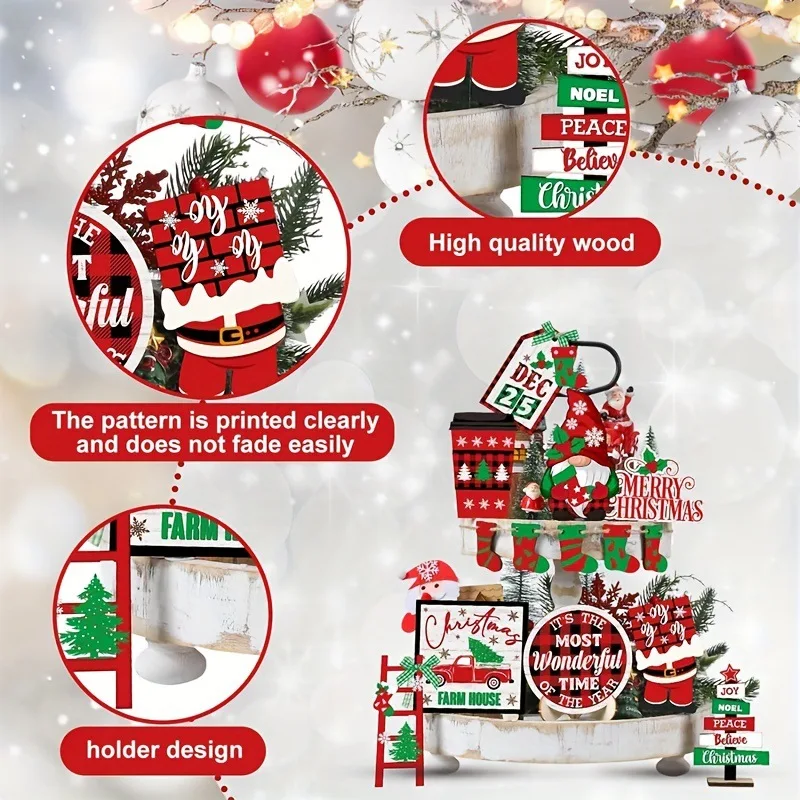 14 Uds. Decoración navideña de bandeja escalonada, medias navideñas, camión Gnomo, carteles de madera de Feliz Navidad, decoraciones de mesa navideñas