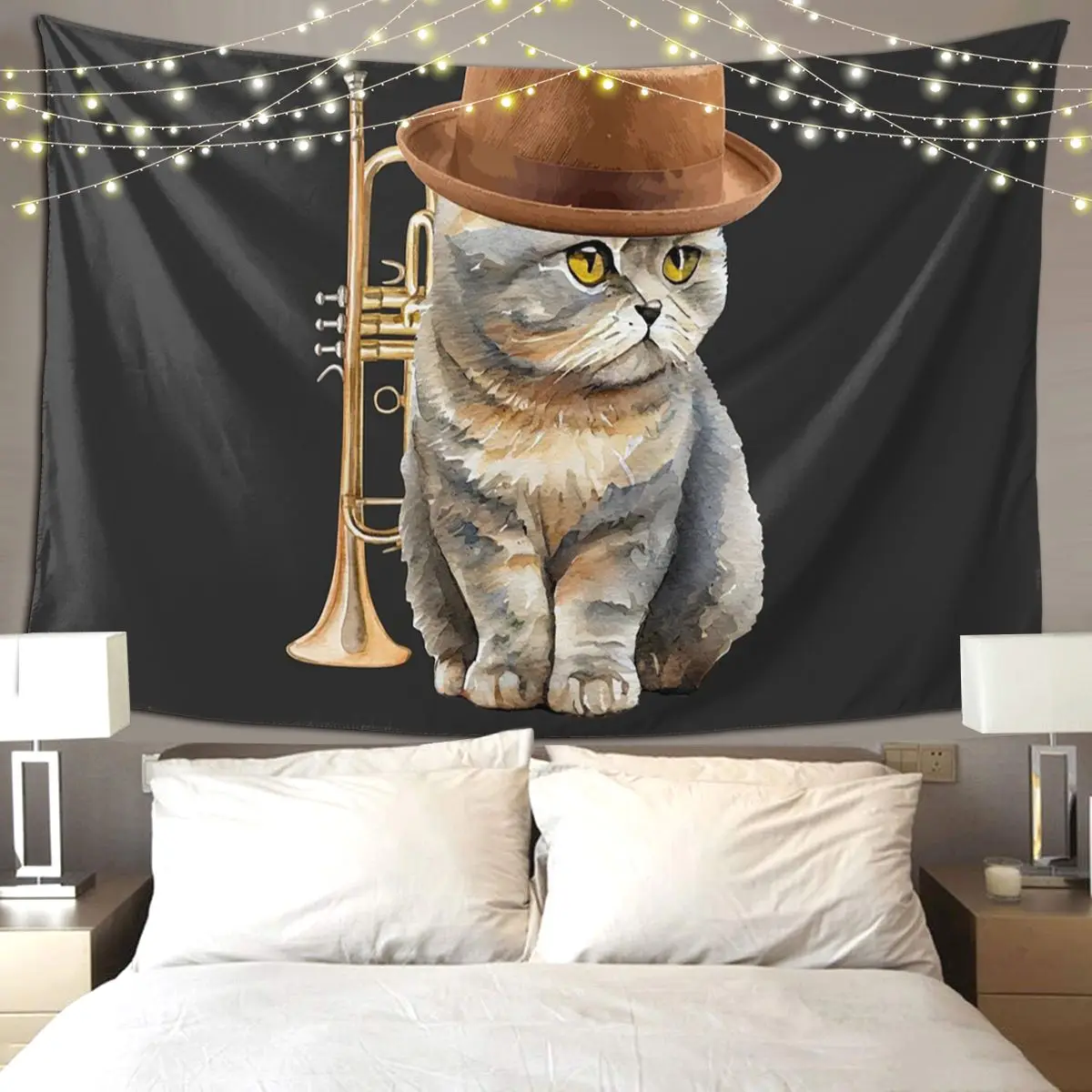 Trumpet Cat Tapestry Art Wall Hanging Aesthetic Home Decor Tapestries for Living Room Bedroom Dorm Room