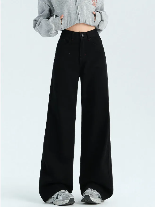High Waist Wide Leg Straight Cut Floor Length Women's Jeans Black Loose Slimming Drapey Casual Style Four Seasons Universal