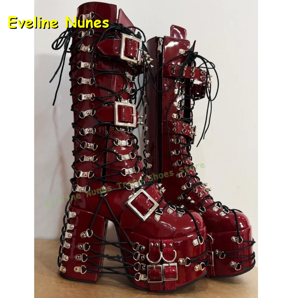 Y2K Red Gothic Platform Knee High Boots Women Punk Lace Up Buckle Chunky Heel Patent Leather Shoes Belt Buckle 2026 New Arrivals