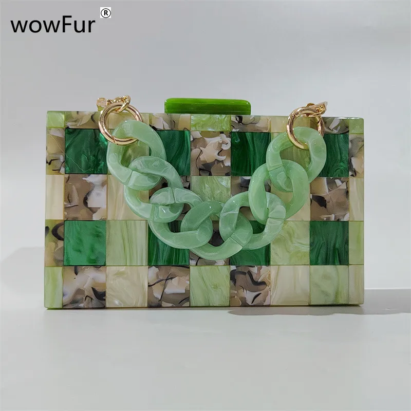 New Trendy Green Plaid Light Pearl Green Marble Acrylic Box Clutches Evneing Lady Travel Beach Shoulder Women Mini Purse Bags