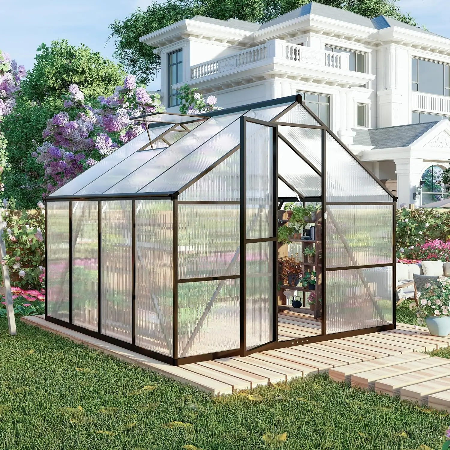 8 x 8 FT Outdoor Polycarbonate Greenhouse, Dark Gray, Customized