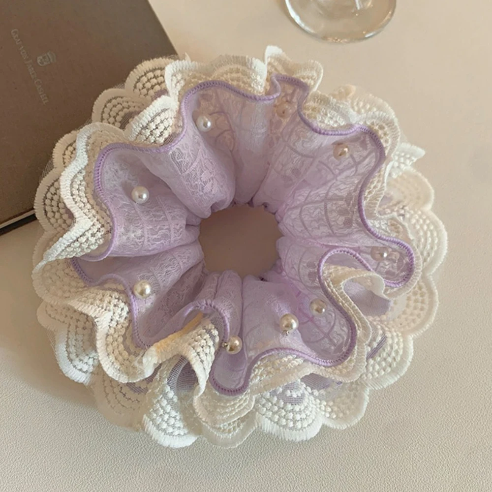 Gentle And Elegant Light Purple Doublelayer Lace Imitation Pearl Large Headband With Girlish Temperament Versatile Hair Tie Rope