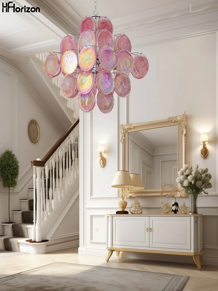 

Pink Murano Glass Postmodern Vintage Chandelier Hanging Lighting Fixture for Bedroom and Living Room Decoration