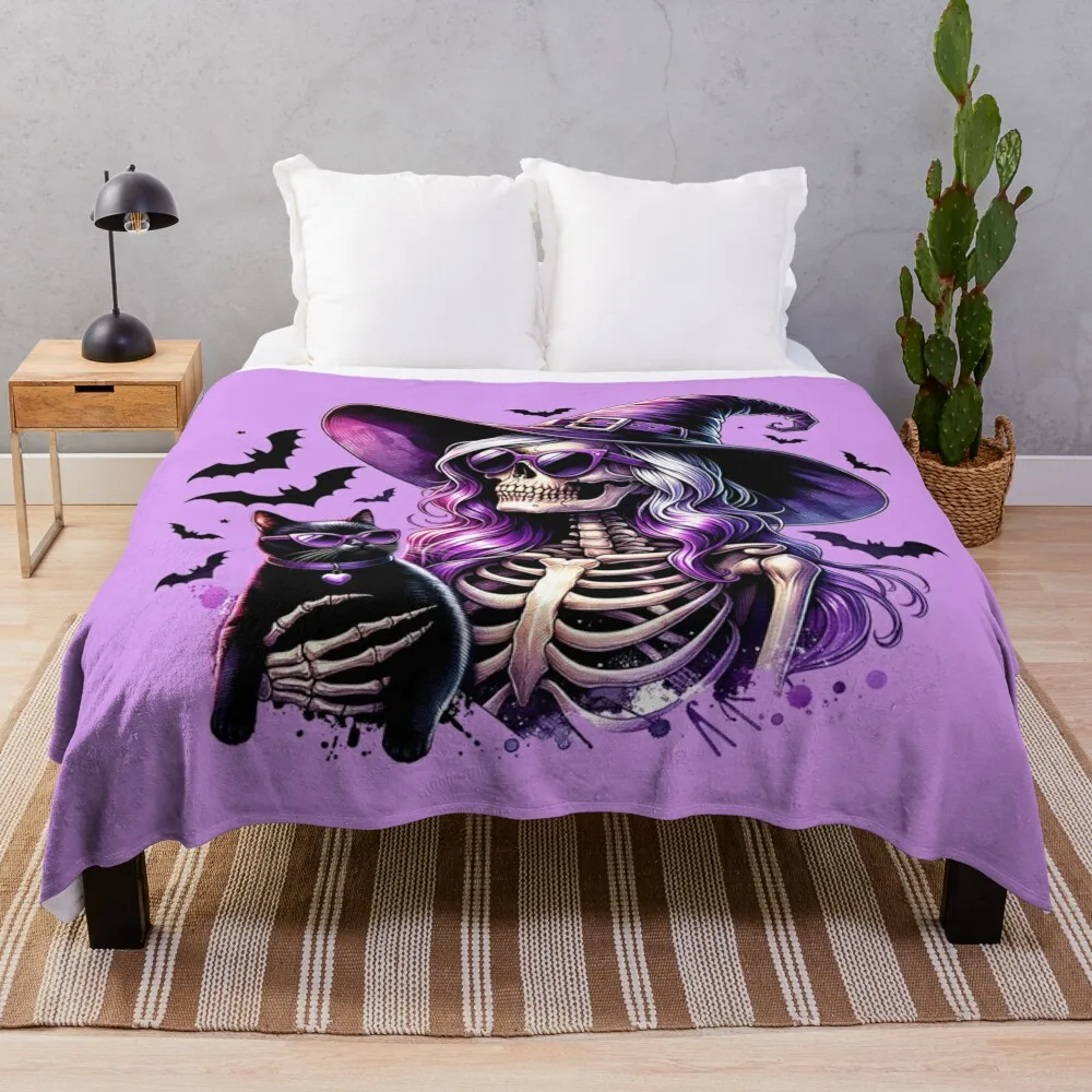 

Halloween Witch Skeleton with Cats and Bats Throw Blanket Retros Hair Summer Beddings warm for winter Blankets