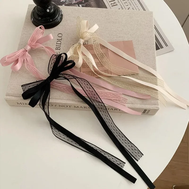 Pink Black Lace Bowkont Hair Clip Trend Long Ribbon Hairpin Barrettes Headbands for Girl Hair Styling Accessories Korean Fashion