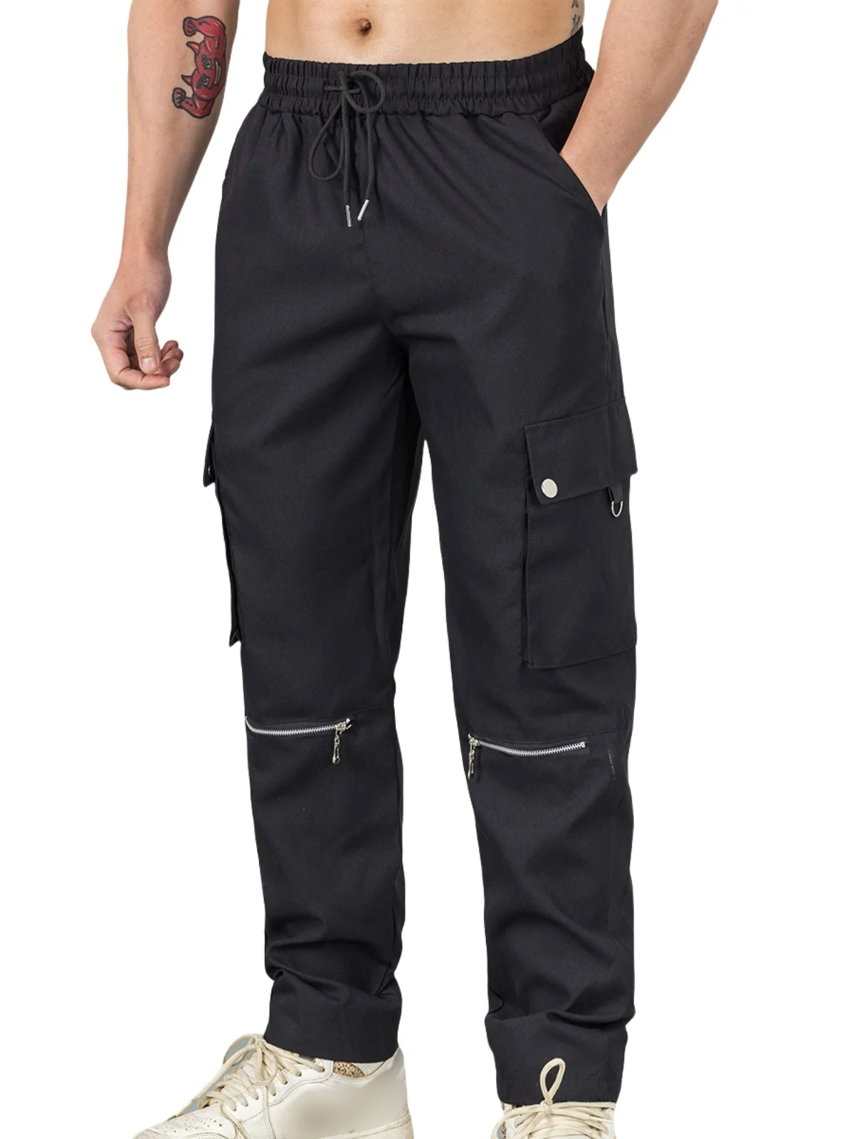 2025 Season Men's Workwear Pants, Solid Color with Zipper Pockets and Elastic Waist, Street Trendy Jogging Pants