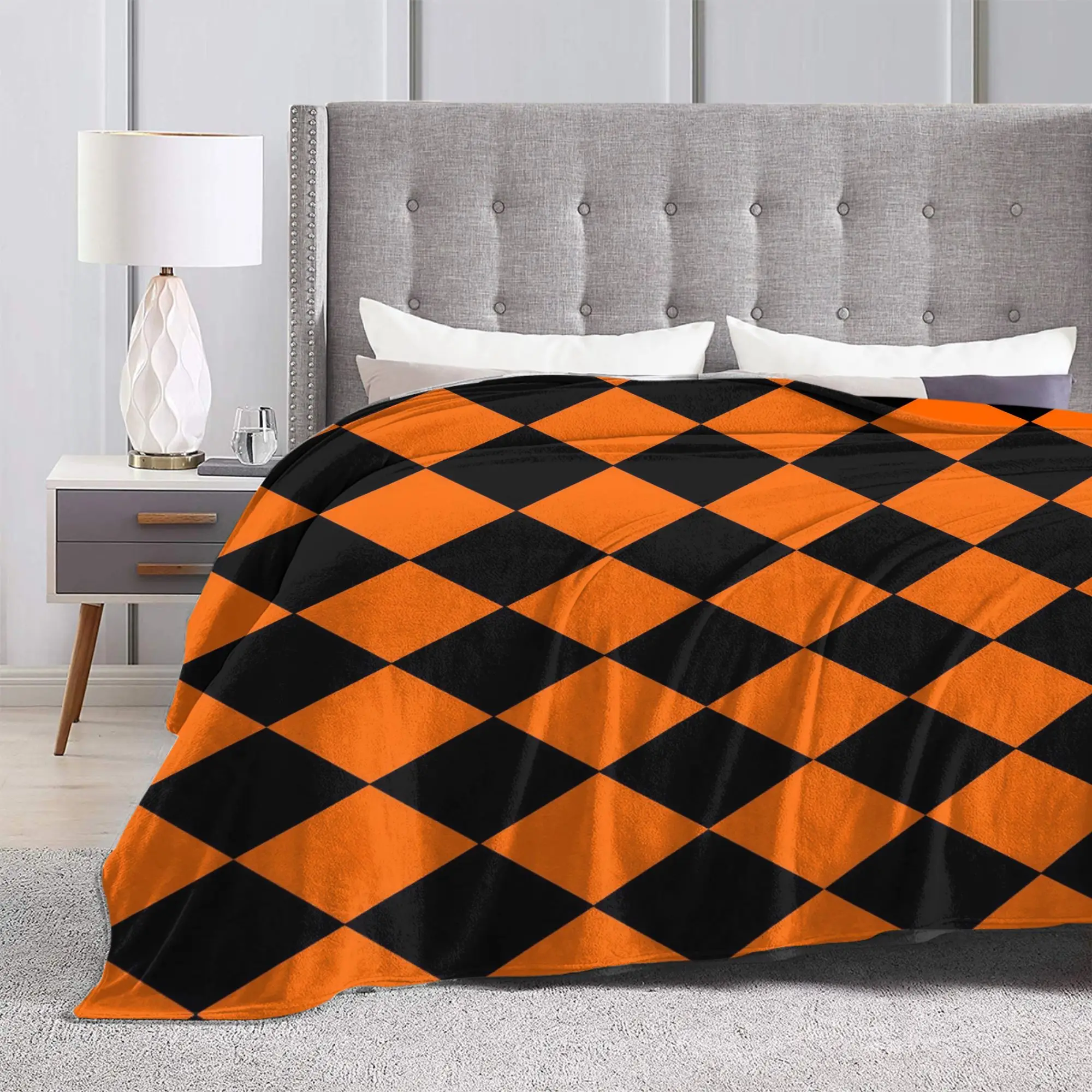 Orange Black Harlequin Diamond Halloween Plush Blanket  Awesome Throw Blankets for Home Hotel Sofa  150*125cm Rug Piece