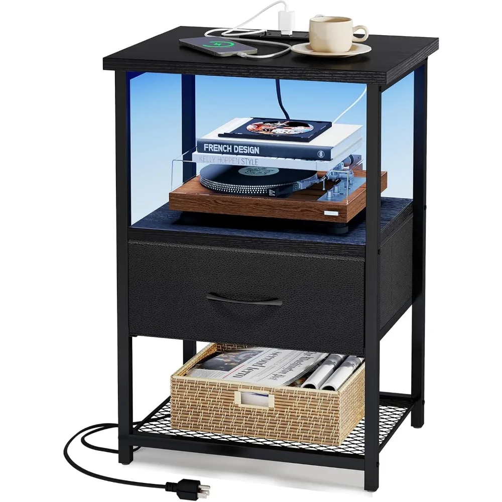 Mesita de noche con estación de carga iluminada por LED con cajones de tela, acabado en cuero PU, mesa auxiliar para dormitorio