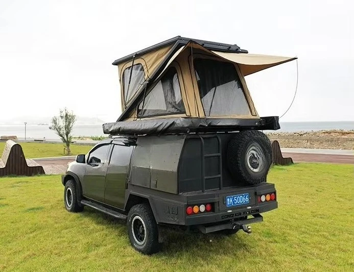 Portable Double Layer Car Roof Top Tent Waterproof Canvas With Aluminum Pole Hard Shell for SUV Truck Outdoor Camping