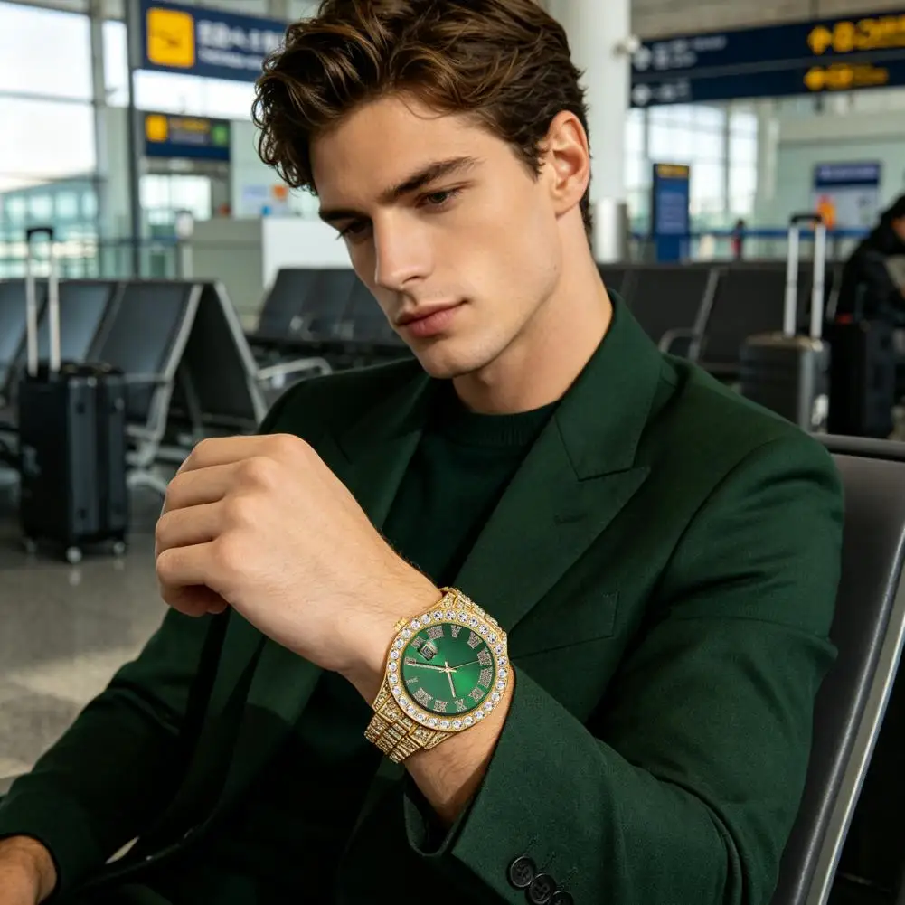 Men Watch Stainless Steel Durable Stainless Steel Watch Men's Rhinestone Bracelet Watch Quartz Analog Timepiece with for Husband