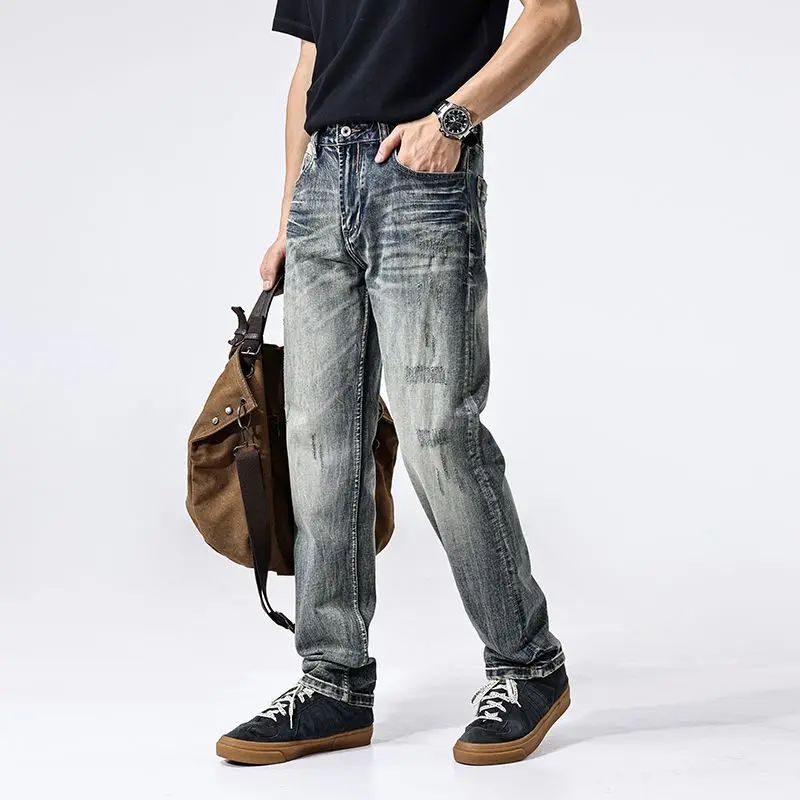 

2026 Trendy Brand Vintage Ripped Denim Jeans for Men High-end Washed Rebellious Stylish American Casual Spring Trousers Pants