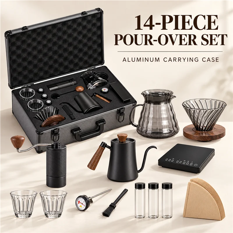 BIGE 14-Piece Portable Pour Over Coffee Set with Aluminum Case, 550ml Kettle Grinder, V02 Dripper Server and Scale
