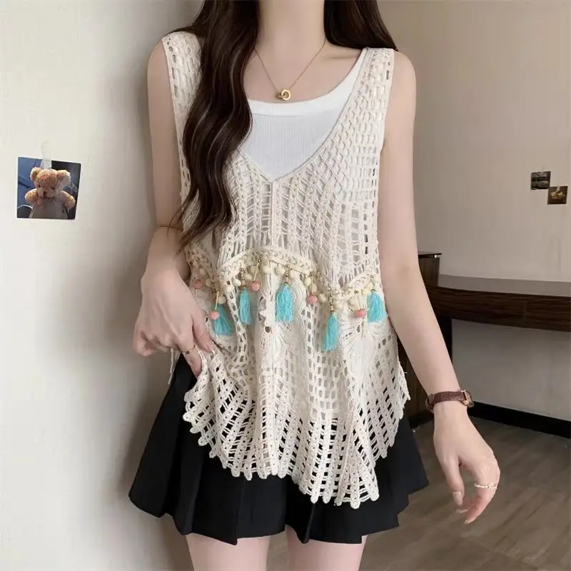 

Bohemian Crochet Lace-Up Open-Work Knitted Tank Top for Women Summer Beach Vacation