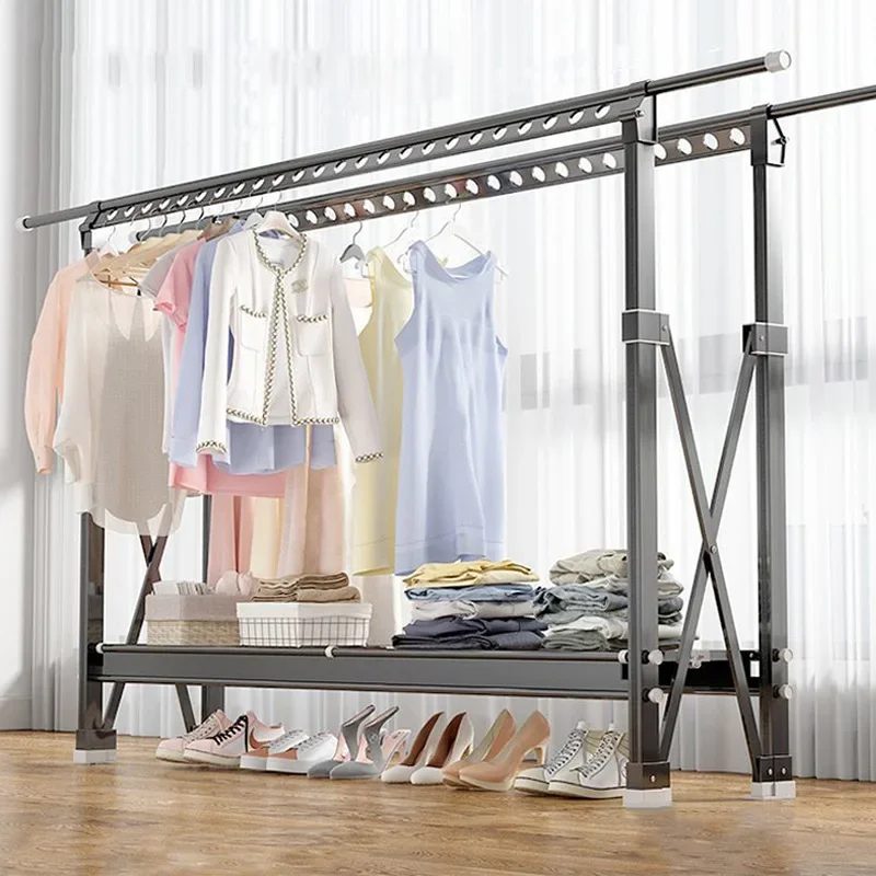 Floor mounted clothes hanger can be stretched and folded. Indoor and outdoor home balconies can be used for drying clothes. Quil