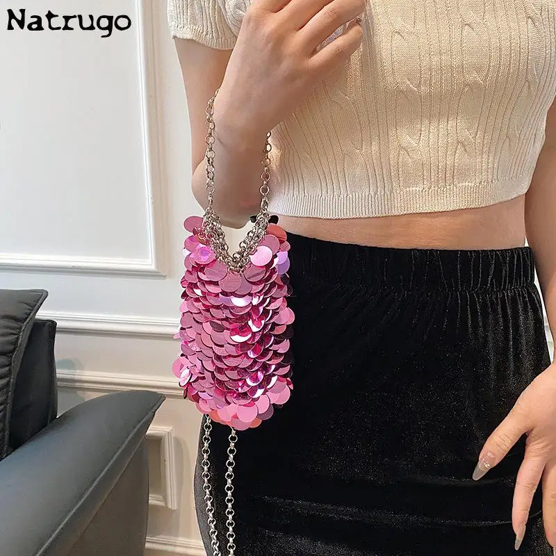 Metal Sequins Chain Woven Bag Evening Bag 2024 Pink Luxury Designer Women Bags Clutch Female Travel Holiday Shoulder Bag Handbag