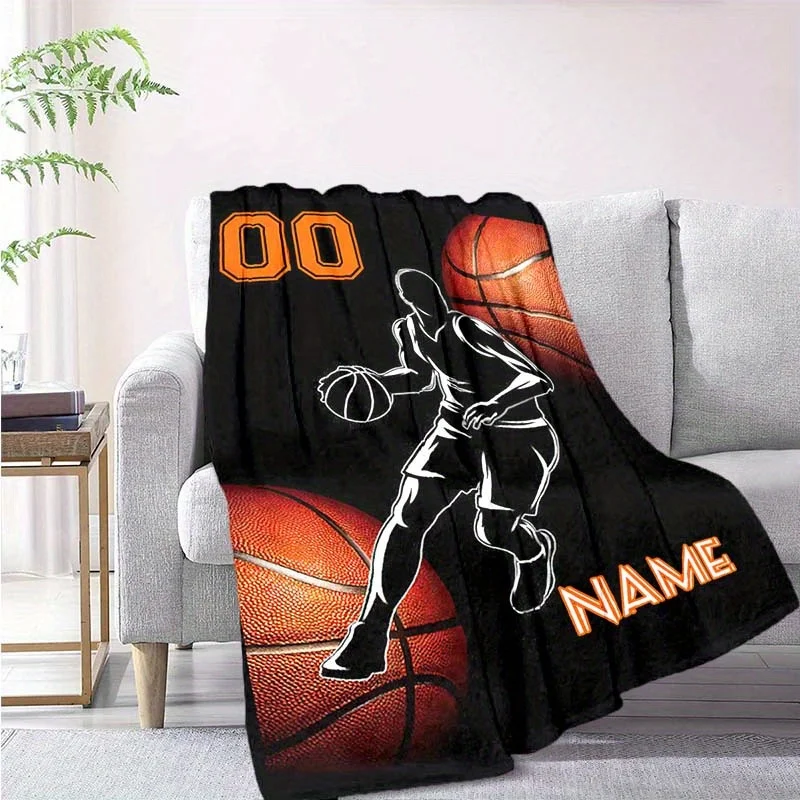 Custom Basketball Blanket Personalized Name Number Player Silhouette Fleece Throw All Season Soft Warm Gift for Fans Kids