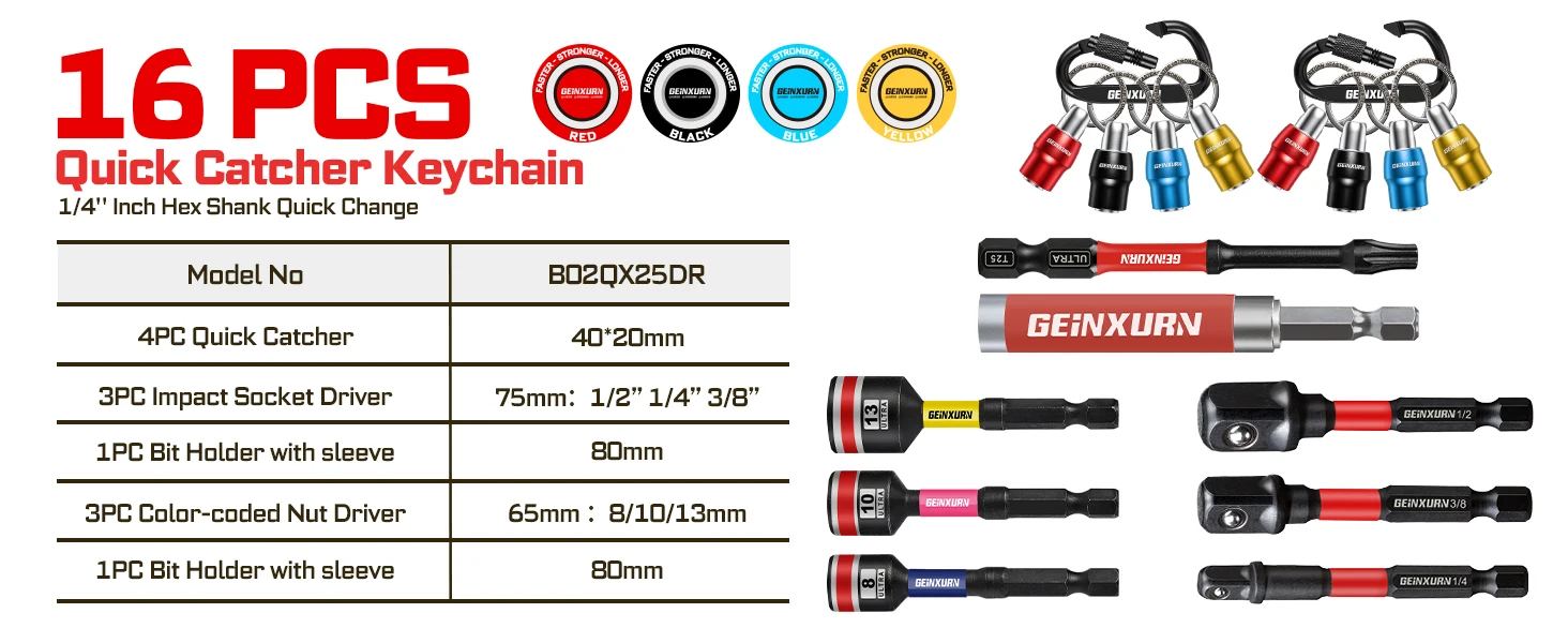 Geinxurn 16-teiliger Bit-Halter-Schlüsselanhänger, Steckschlüsseladapter, Schraubendreher, 1/4-Zoll-Schnellwechselverlängerung mit Schraubendreher-Bits – Detail 2
